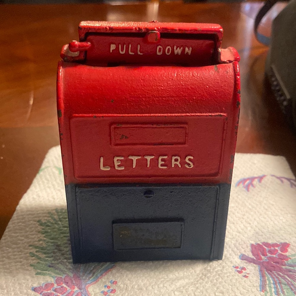 Vintage John Wright Mail Box Letters Cast Iron Still Bank, Red & Blue